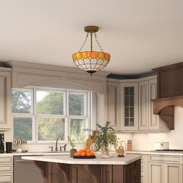 HOMCOM Tiffany Style Vintage Ceiling Light with 3 E27 Sockets in Orange, White and Multicolour