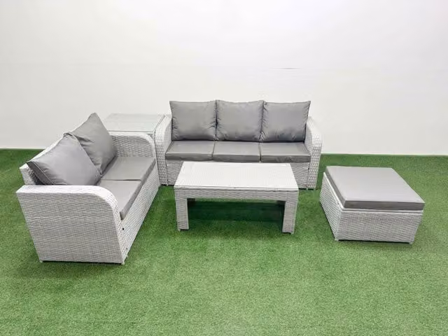Fimous 6 Seater Grey PE Rattan Wicker Garden Furniture Set with Oblong Coffee Table, 3 Seater Sofa, Love Seat, Big Footstool and Side Table