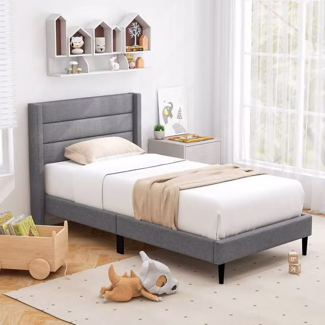 Costway Modern Linen Upholstered Single Bed Frame with Headboard in Grey – 1