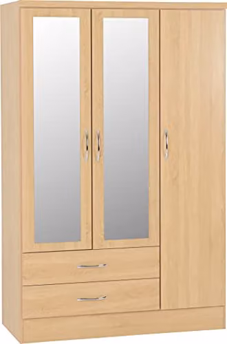 Seconique Nevada 3 Door 2 Drawer Mirrored Wardrobe in Brown Oak, H 182.5 x W 116 x D 52 cm – 1
