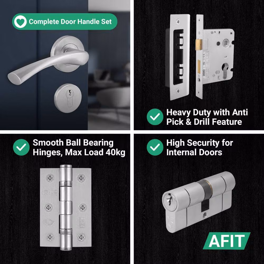 AFIT Satin Door Handle Rose with Double Cylinder and Hinges, 1 Pair, Silver, W/D/H: 15 x 15 x 15 cm – 2
