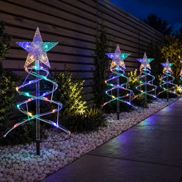 Samuel Alexander Set of 4 White Spiral Christmas Tree Garden Path Lights with 100 Multi-Colour LEDs, Height: 45 cm – 1