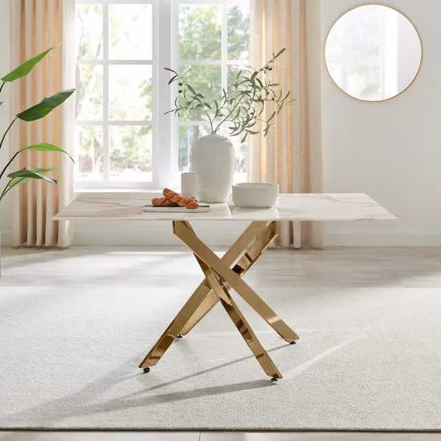 FurnitureboxUK Leonardo 6-Seater Rectangular Dining Table with White Marble Effect Glass Top and Gold Metal Legs