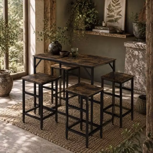 Wyld Haus Vimose 5 Piece Rustic Brown Breakfast Bar Table and Stool Set in Black
