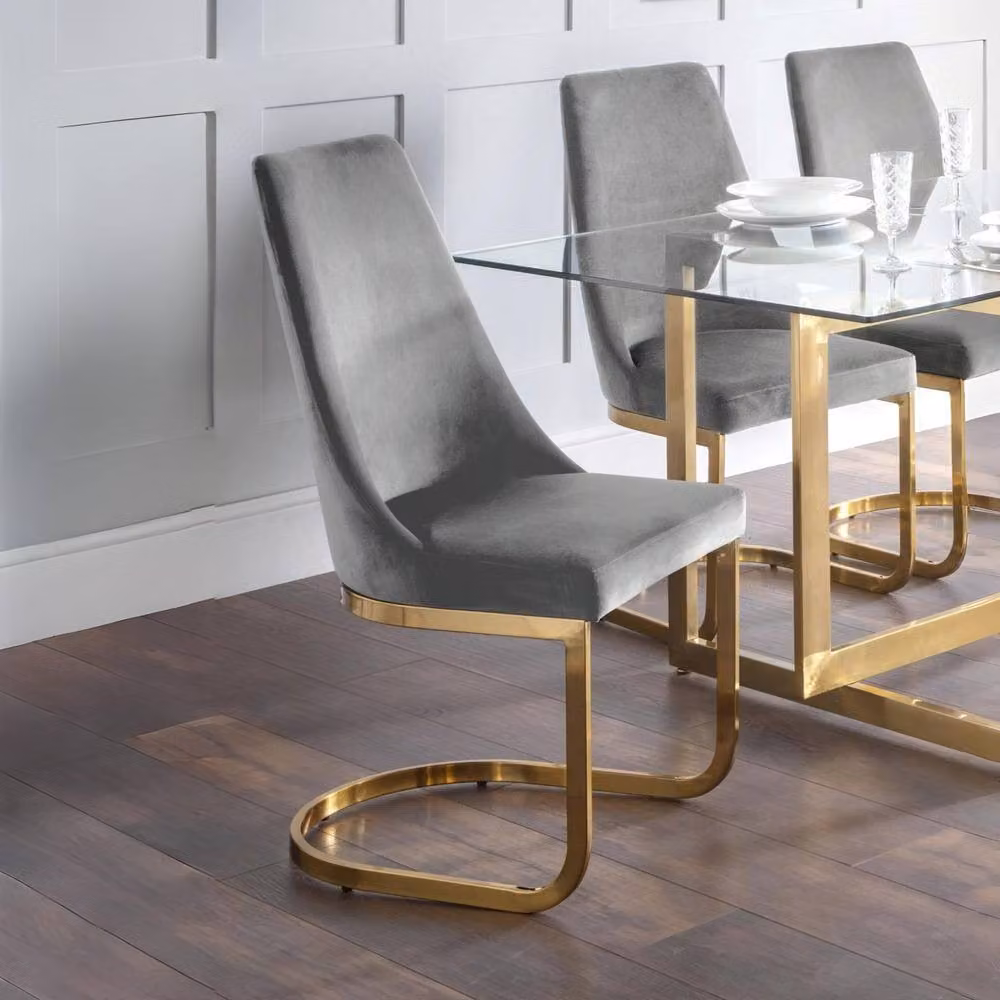 Cheshire Westbridge Set of 2 Elegant Grey Velvet Cantilever Dining Chairs with Gold Metal Base – 3
