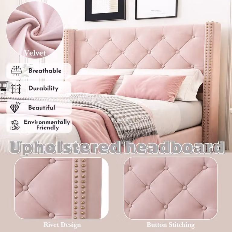 Rolipo Pink Velvet Single Bed Frame with Button Tufted Headboard W/D/H: 90 x 190 cm