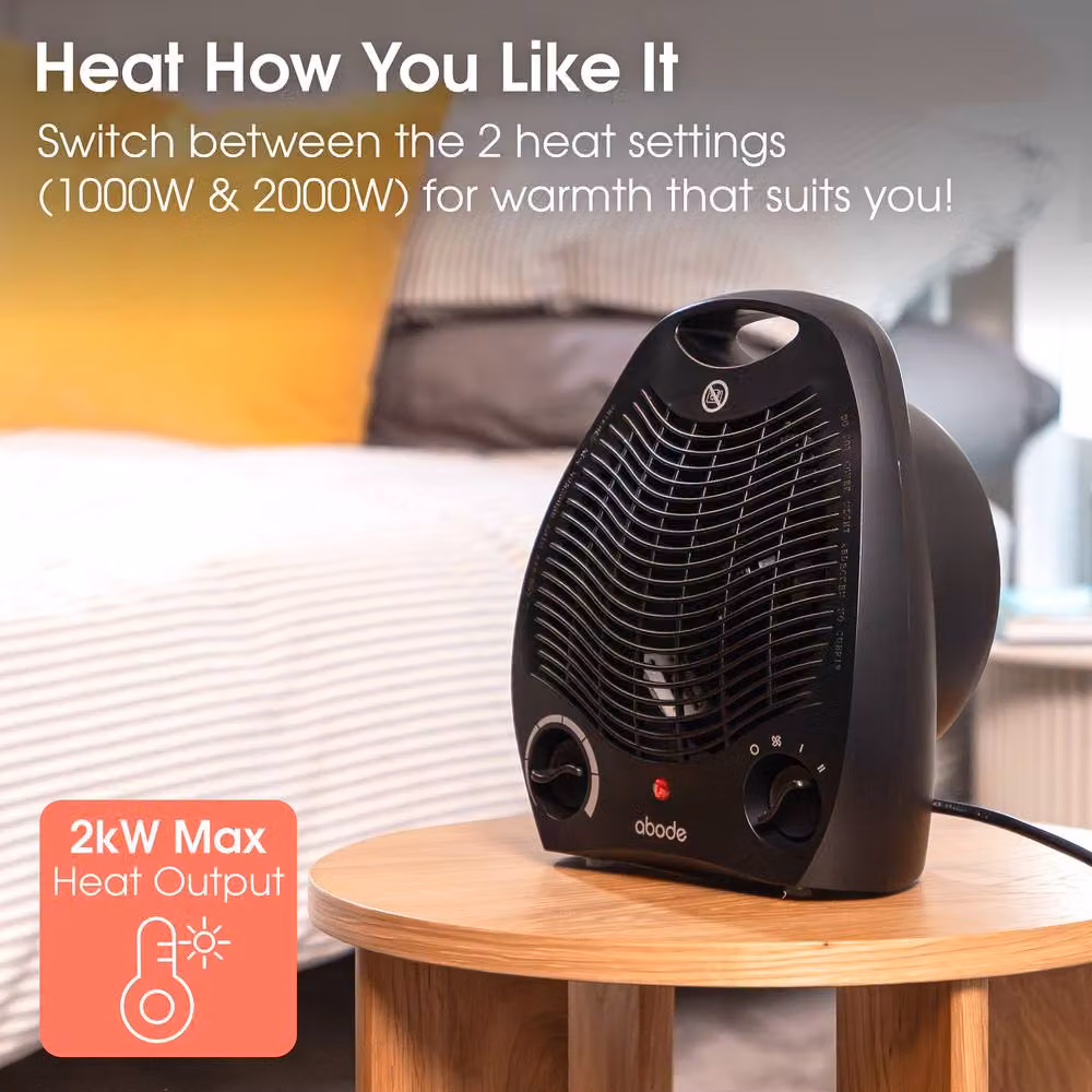 Abode 2000W Electric Fan Heater with Two Heat Settings and Thermostat in Black – 2