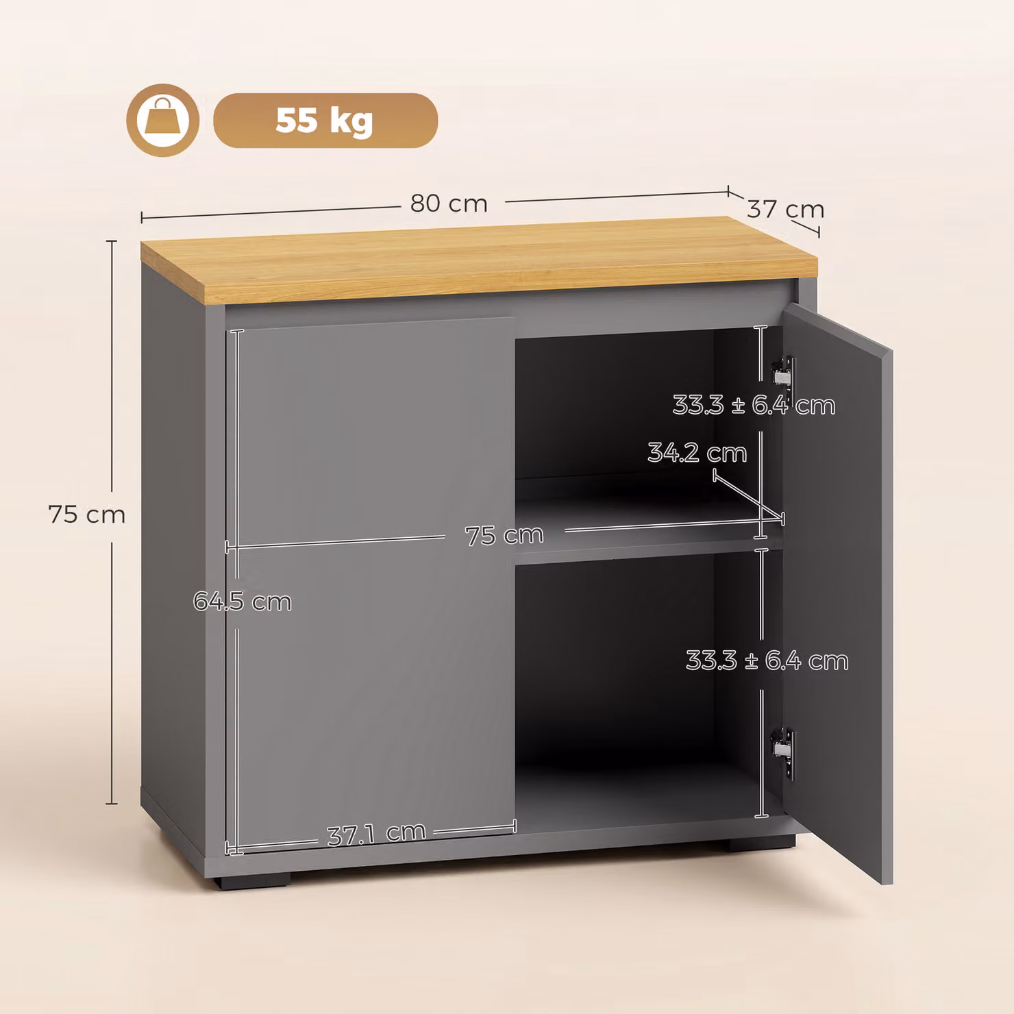 HOMCOM Grey Kitchen Sideboard Storage Cabinet with Double Doors and Adjustable Shelf – 3