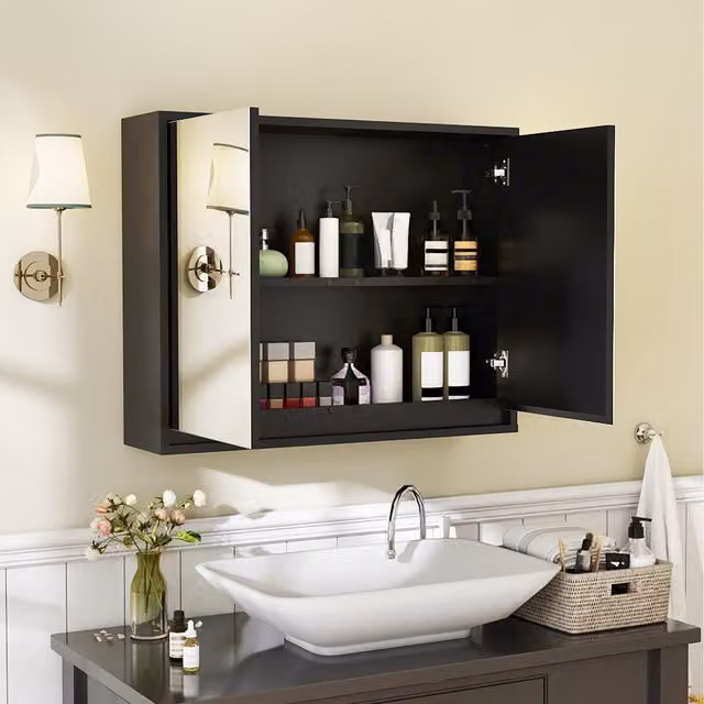 Costway Modern Glossy Black Wall Mounted Bathroom Cabinet with Double Mirrored Hinged Doors