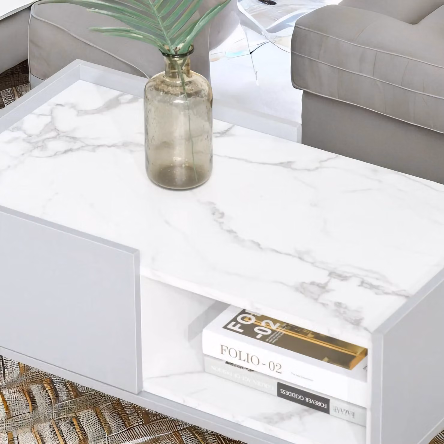 Pirlo Plush Faux Marble Coffee Table with Storage Shelf and Drawer in Light Grey, W: 80 cm, D: 45 cm, H: 40.5 cm – 2
