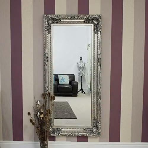 MirrorOutlet Carved Louis Antique Style Full Length Leaner Mirror, Silver, H 183 cm x W 95 cm x D 11 cm – 5