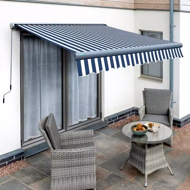 Primrose Manual Full Cassette Awning in Blue and White Stripe, W: 300 cm, D: 400 cm