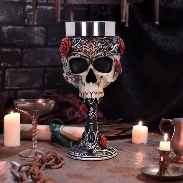 Nemesis Now Gothic Roses Wine Goblet in Multicolour with Floral Resin and Stainless Steel Details, Height: 18 cm