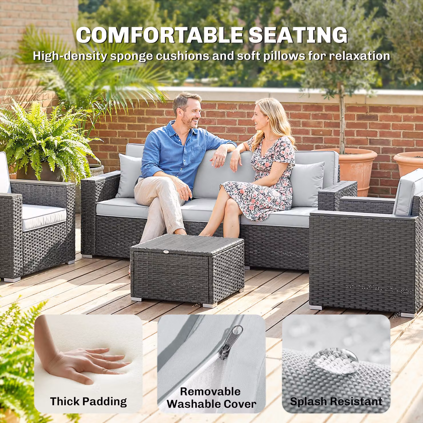 Outsunny 5 Seater Rattan Garden Furniture Set in Grey with Upholstered Cushions and Coffee Table – 7