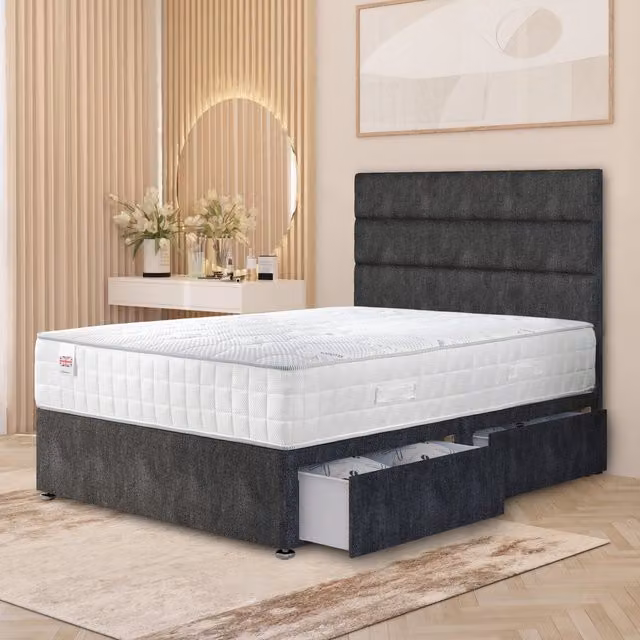Horizona Grey Tweed Divan Bed Set with Pocket Spring Hybrid Mattress, Drawers and Floor Standing Headboard, W/D/H: 120 x 200 x 34.5 cm