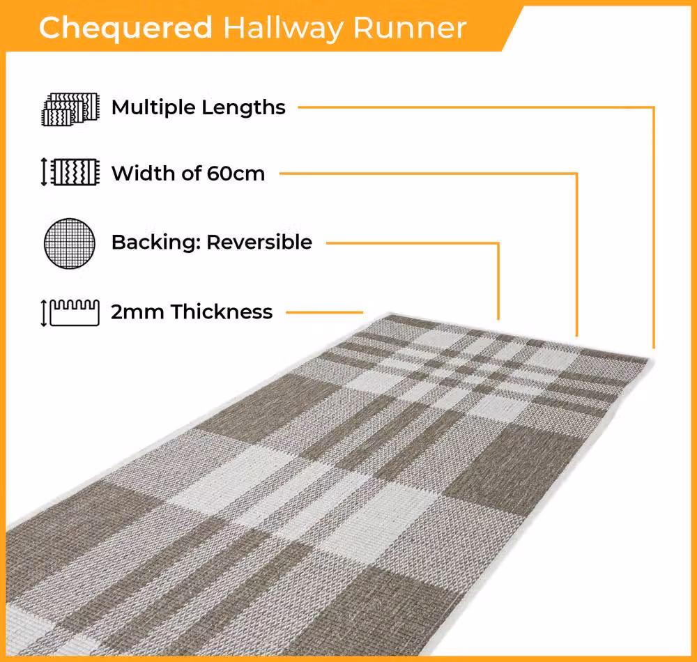runrug Chequered Carpet Runner Rug in Beige, Reversible and Stain Resistant, W: 60 cm, L: 240 cm – 2