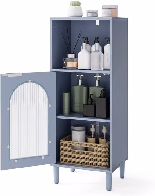 Costway Freestanding Wooden Bathroom Floor Cabinet with Glass Doors and Internal Shelves in Blue