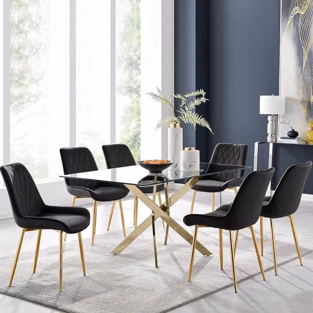 FurnitureboxUK Leonardo Gold Rectangular Glass Dining Table with 6 Black Pesaro Gold Leg Chairs