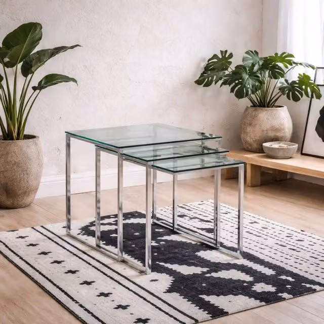 Wyld Haus Frederikssund Set of 3 Modern Square Nesting Coffee Tables with Transparent Glass Tops – 1