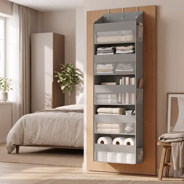 SONGMICS Door Hanging Foldable Storage Organiser with Baskets, Grey and White, W: 40 cm, D: 15 cm, H: 40 cm