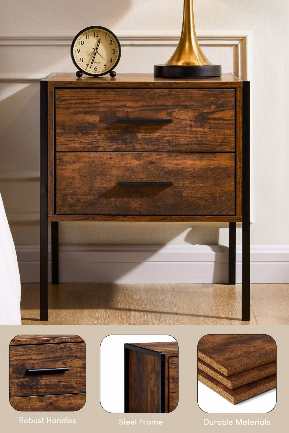 HD Designs Brooklyn 2 Drawer Chest of Drawers in Dark Brown Industrial Wood and Metal Bedroom Furniture – 6