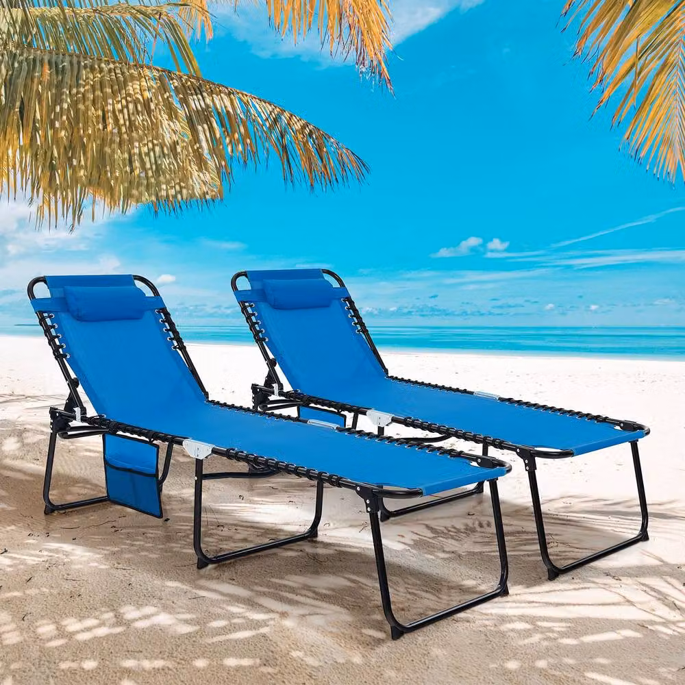 Costway Navy Blue Folding Patio Chaise Lounge Chair with Adjustable Headrest and Textilene Fabric – 9