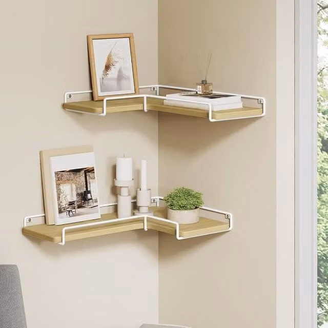 VASAGLE Set of 2 Modern Floating Corner Wall Shelves in Sand and White