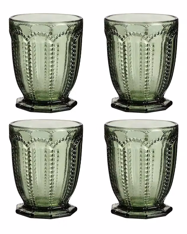 Dibor Set of 4 Green Embossed Geometric Glass Whiskey Tumblers, 290ml each – 2