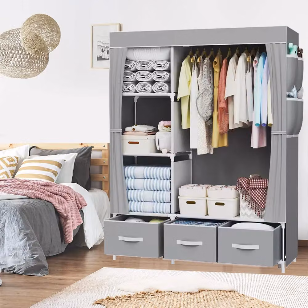 VOGREX Grey Canvas Wardrobe with Hanging Rail and Internal Shelving, W: 105 cm, D: 45 cm, H: 163 cm – 3