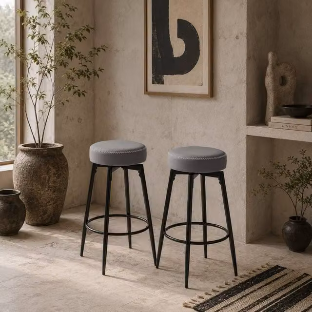 Wyld Haus Relura Set of 2 Modern Grey and Black Faux Leather Swivel Bar Stools with Metal Footrests