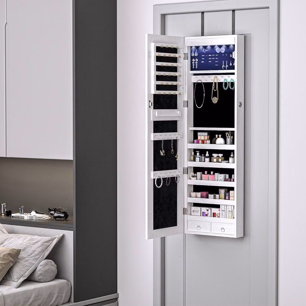 STILVORA White Wall Mounted Jewellery Cabinet with Mirror, LED Lighting and Lock – 2