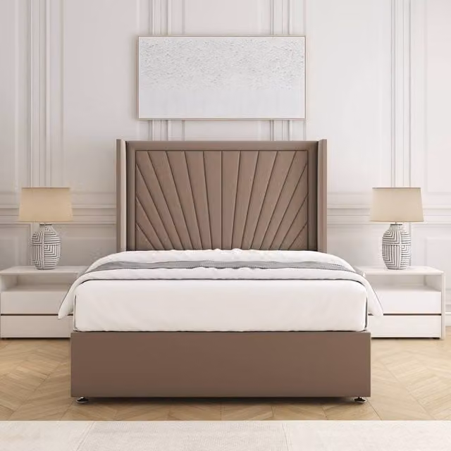 BSSPOKE Alina Divan Bed Set with Plush Velvet Headboard and Mattress in Taupe, Small Double, W/D/H: 120 x 200 cm