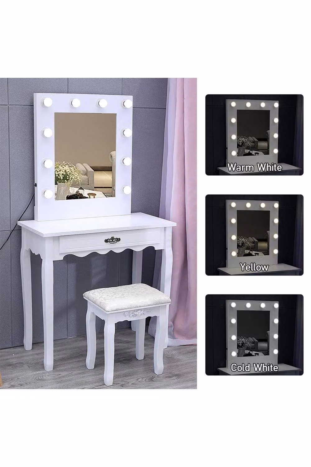 Livingandhome White Modern Hollywood LED Makeup Dressing Table with Rectangular Mirror – 2