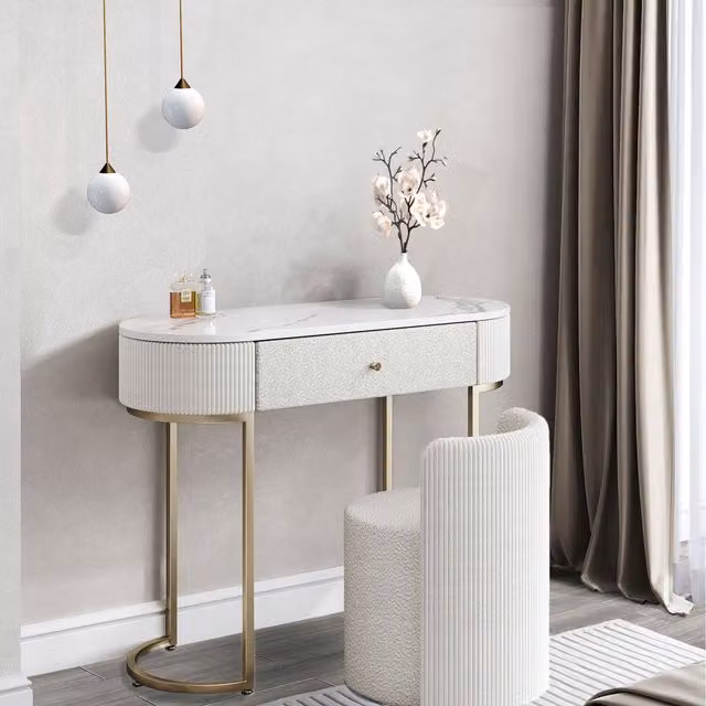 Carme Romy Boucle Dressing Table with Hattie Boucle Stool in White