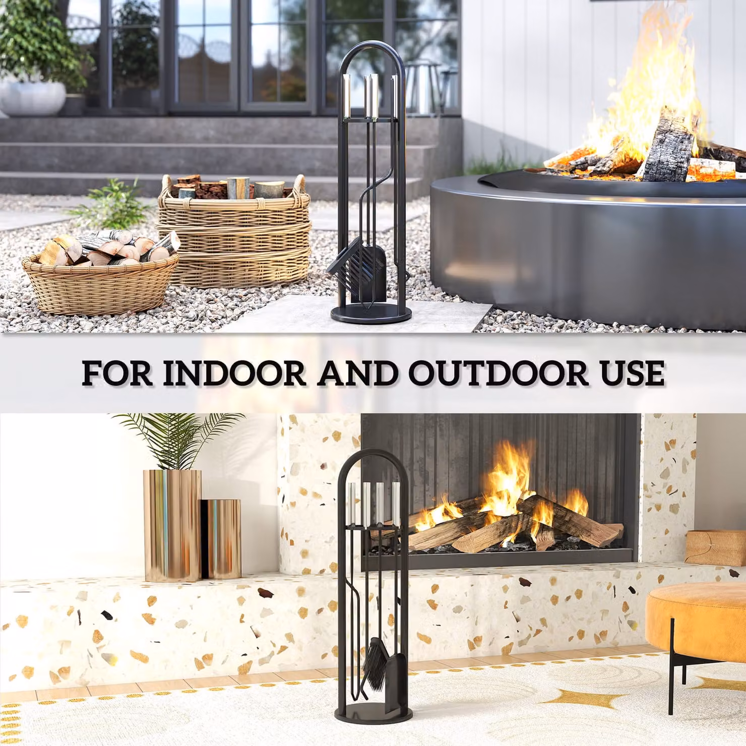 Outsunny 5 Piece Black Metal Fireplace Companion Set with Broom, Shovel, Poker, Tongs and Stand – 6