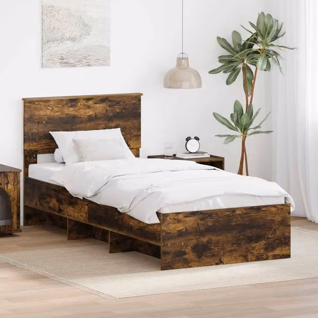 Berkfield Home Modern Bed Frame with Headboard in Smoked Oak Brown, W/D/H: 80 x 200 cm