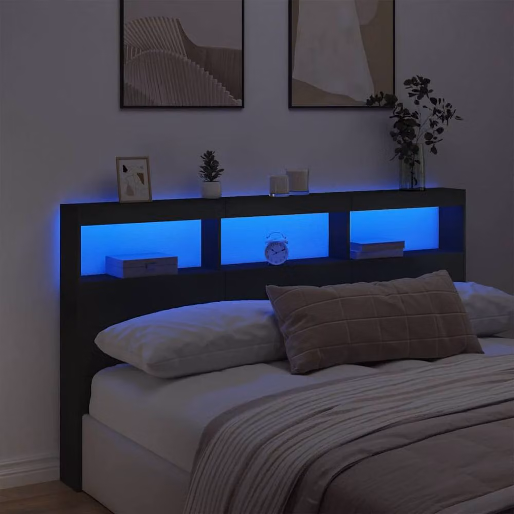 Berkfield Home Modern Headboard Cabinet with Integrated LED Lighting in Matt Black, W: 180 cm, D: 17 cm, H: 102 cm – 4