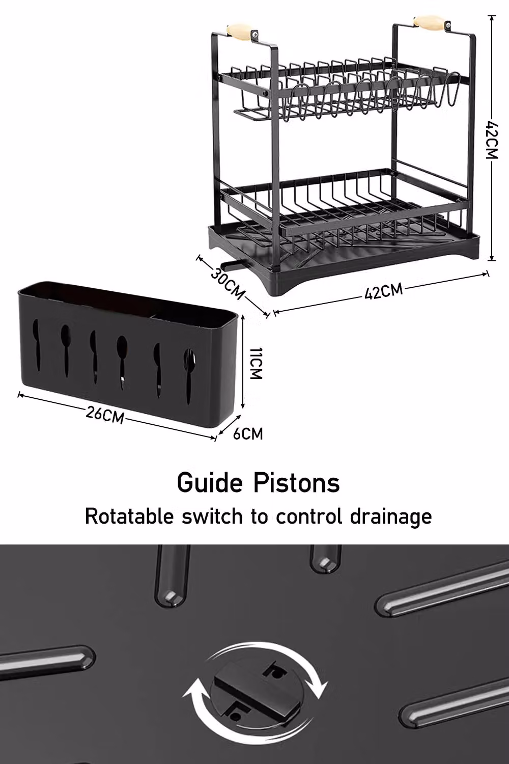 Living and Home 2-Tier Dish Drying Rack with Detachable Drainboard and Cutlery Holder, Black – 3