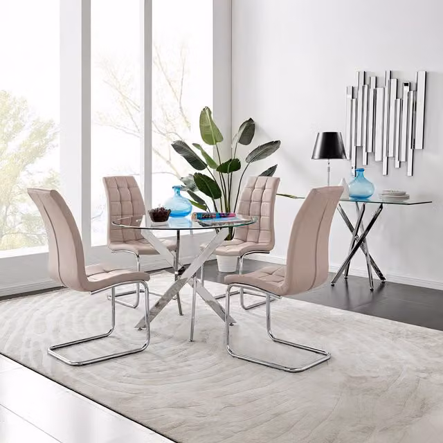 FurnitureboxUK Novara Round Glass Dining Table with 4 Murano Chairs in Cappuccino and Chrome Finish, Diameter: 100 cm