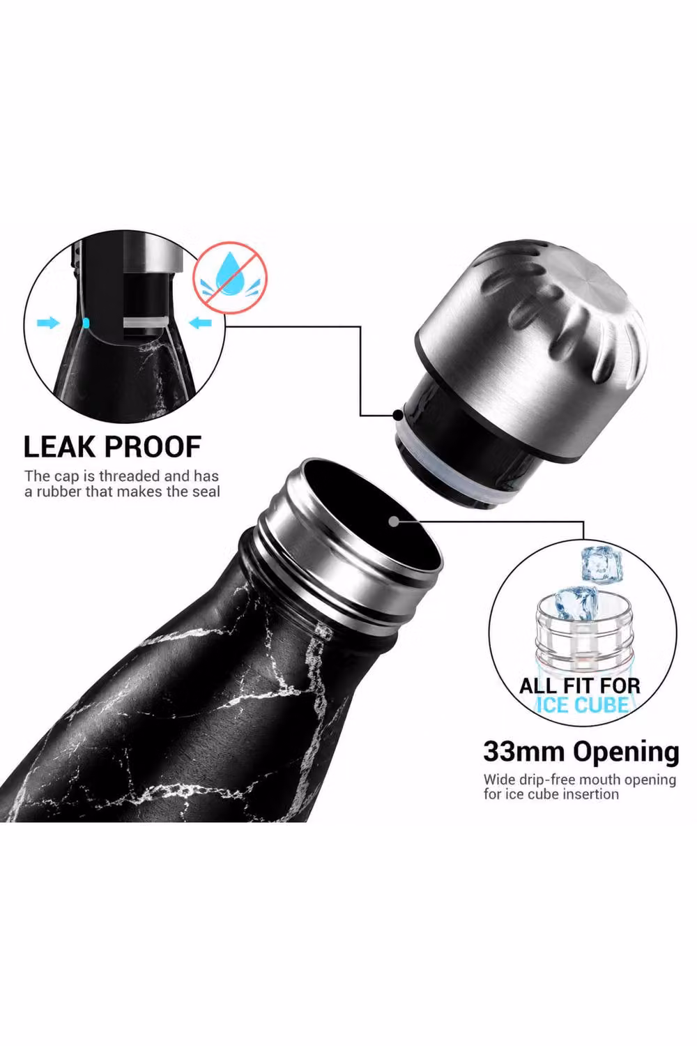 Dyzi Leakproof Stainless Steel Water Bottle, Black Marble, 500ml – 3