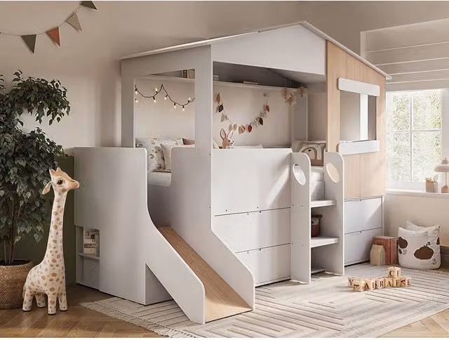 Flair Furnishings Dreamland House Midsleeper Bed with Slide and Storage in White and Oak