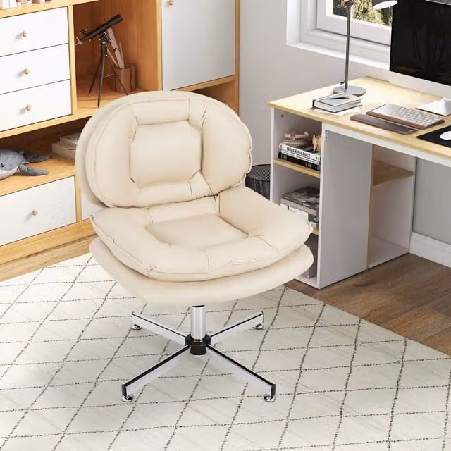 Costway Modern Swivel Armless Task Chair in White or Beige Synthetic Leather with Metal Base