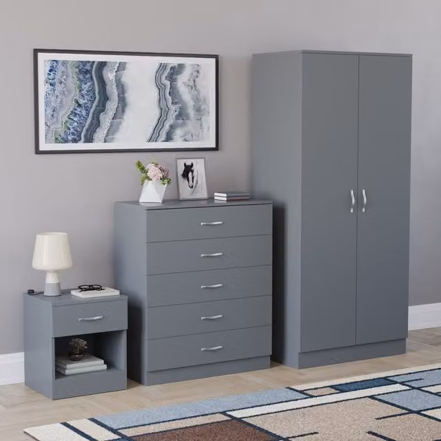 Vida Designs Riano 3 Piece Modern Grey Bedroom Set including Wardrobe, Chest of Drawers and Bedside Chest