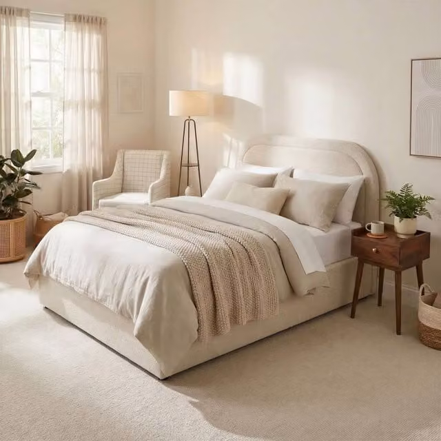 FurnitureboxUK Freja Ottoman Double Bed Frame in Beige Boucle Fabric, W/D/H: 180 x 200 cm – 1