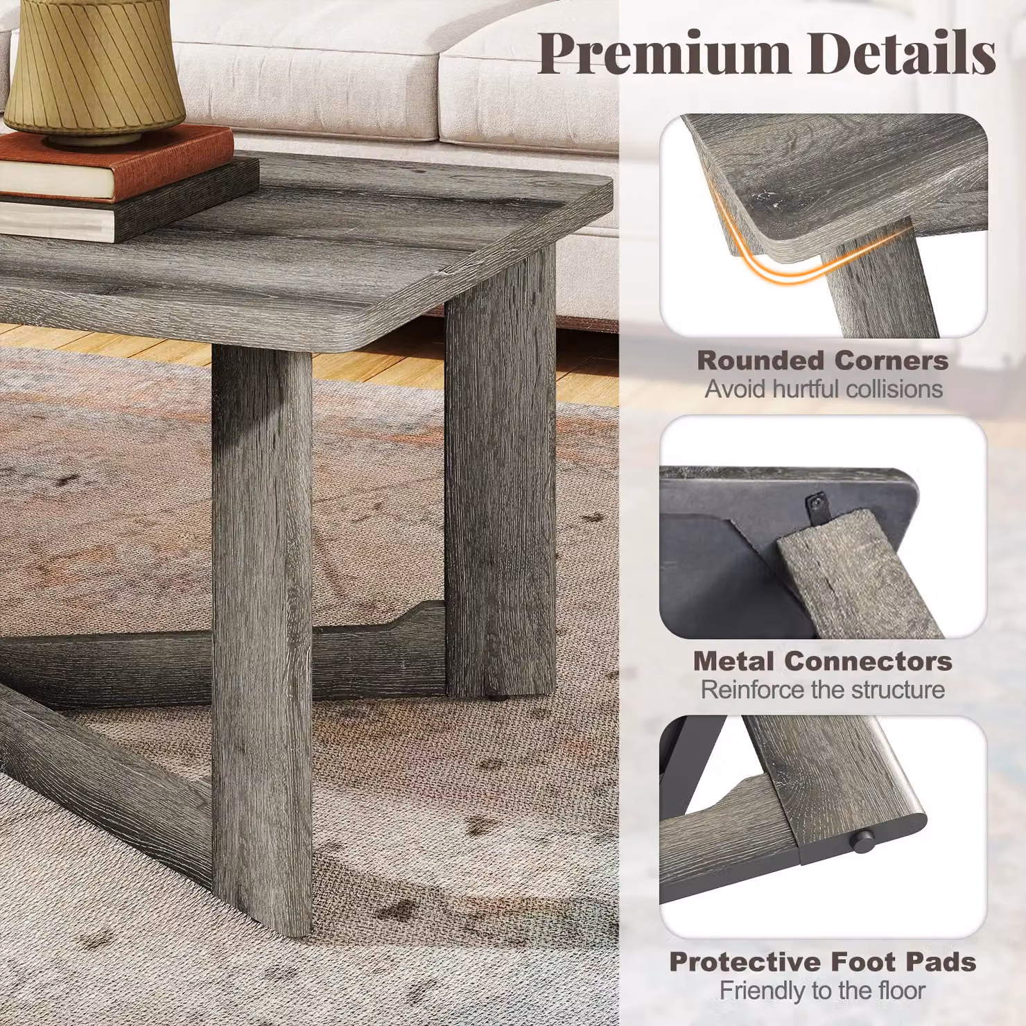 Costway Rectangular Coffee Table in Grey with Rustic Rubberwood Finish – 6