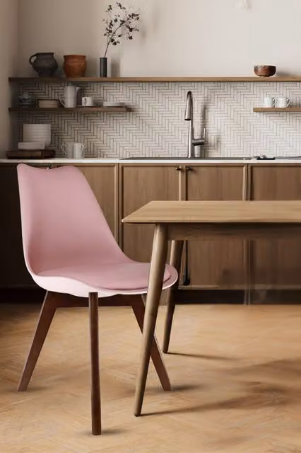 Fusion Living Soho Plastic Dining Chair with Dark Wood Legs in Pink – 1