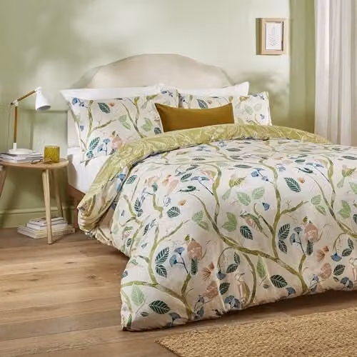 Riva Home Woodlow Reversible Duvet Cover Set with Tropical Bird and Floral Design, Multicolour/Green, W: 180 cm x L: 200 cm