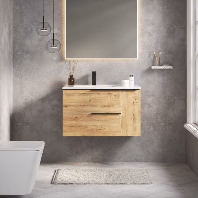 Banyetti Celtic Duo 800mm Wall Hung Vanity Unit with Door and Basin in Ostippo Light Oak