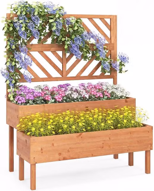Costway 2-Tier Wooden Raised Garden Bed with Trellis in Orange
