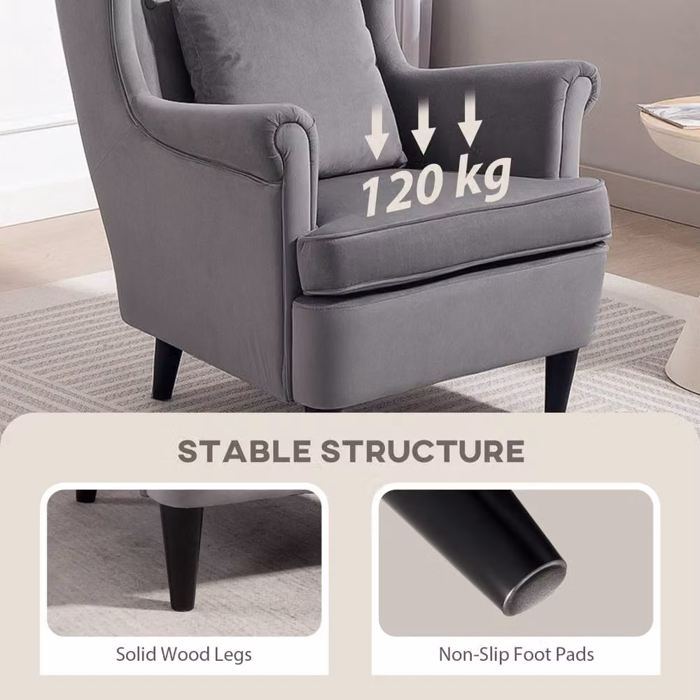 Wyld Haus Harire Dark Grey Velvet Wingback Accent Chair with High Back and Armrests – 5